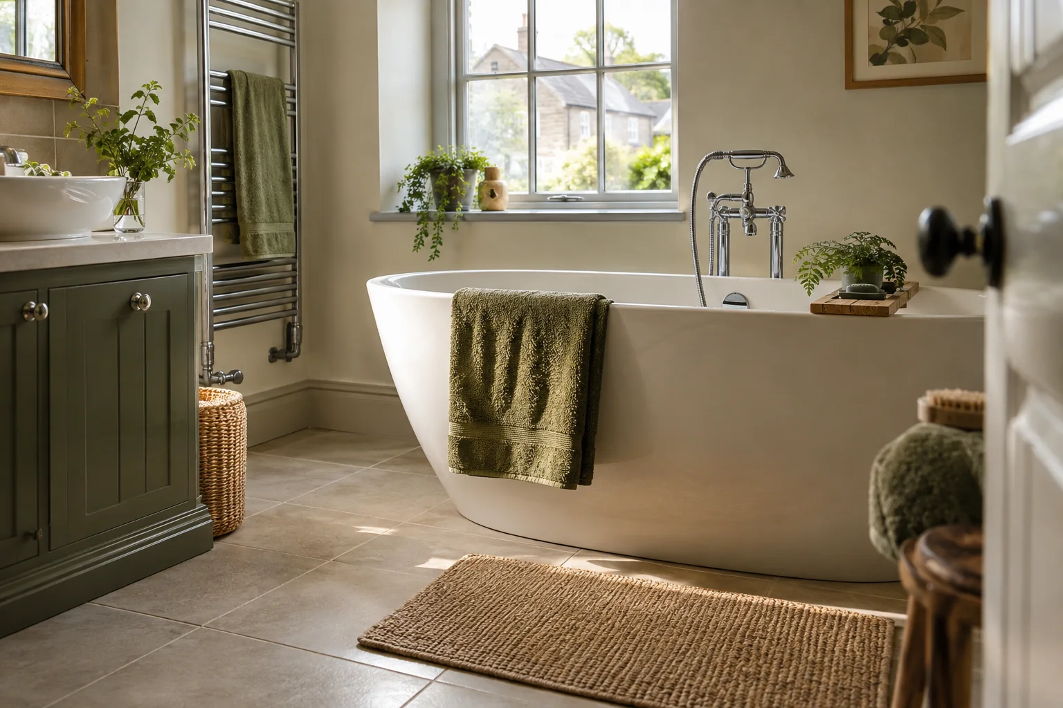 Uncluttered bathroom with a white bath and olive towels