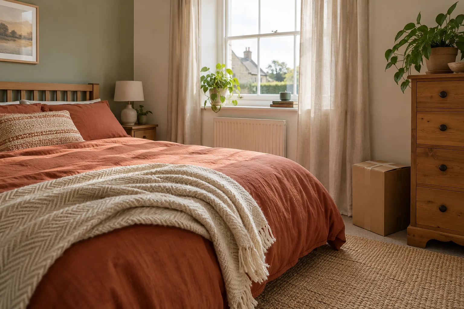 Bedroom with terracotta bedding and a moving box