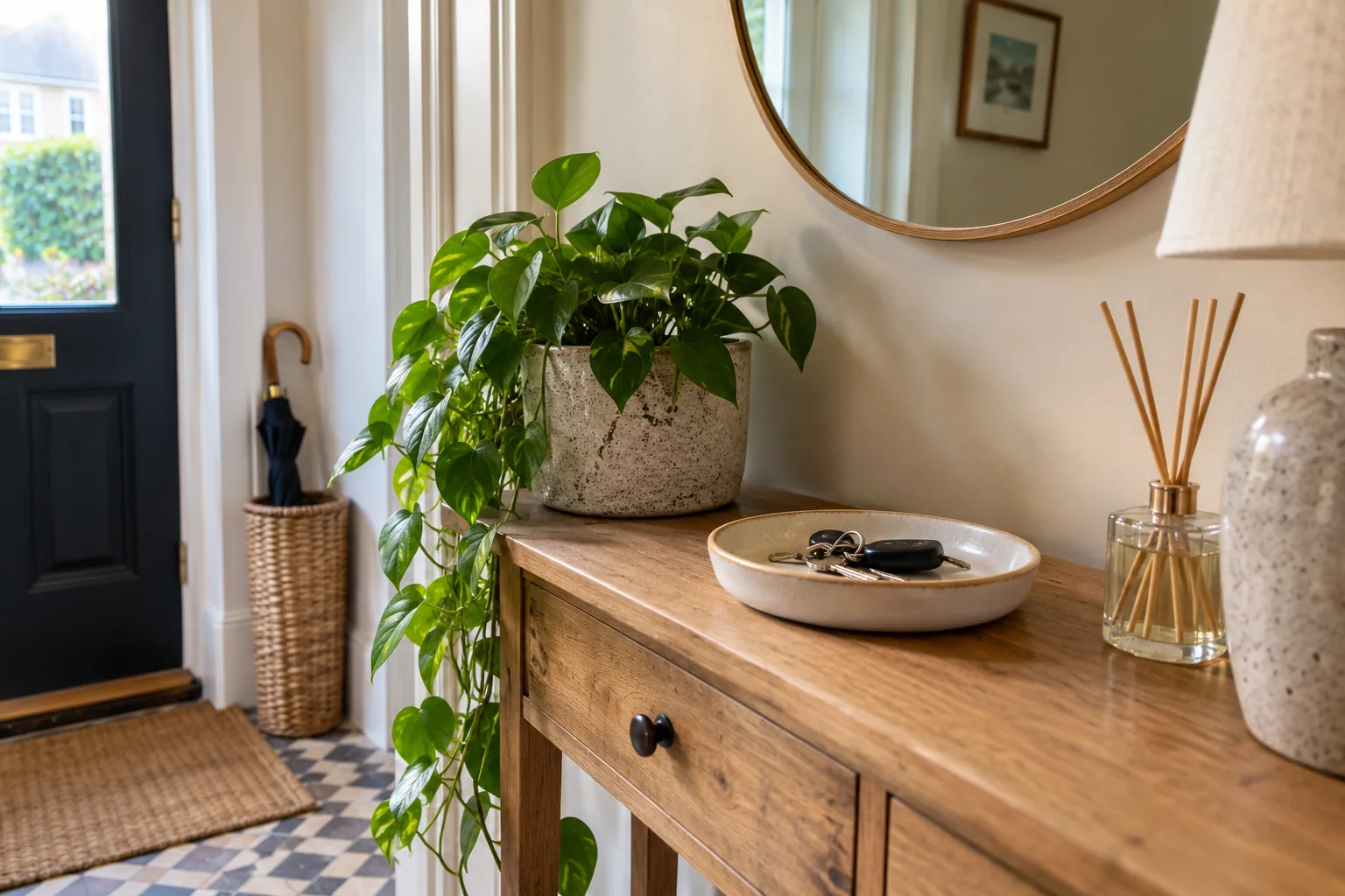 Tidy entryway console with a key tray and wall mirror