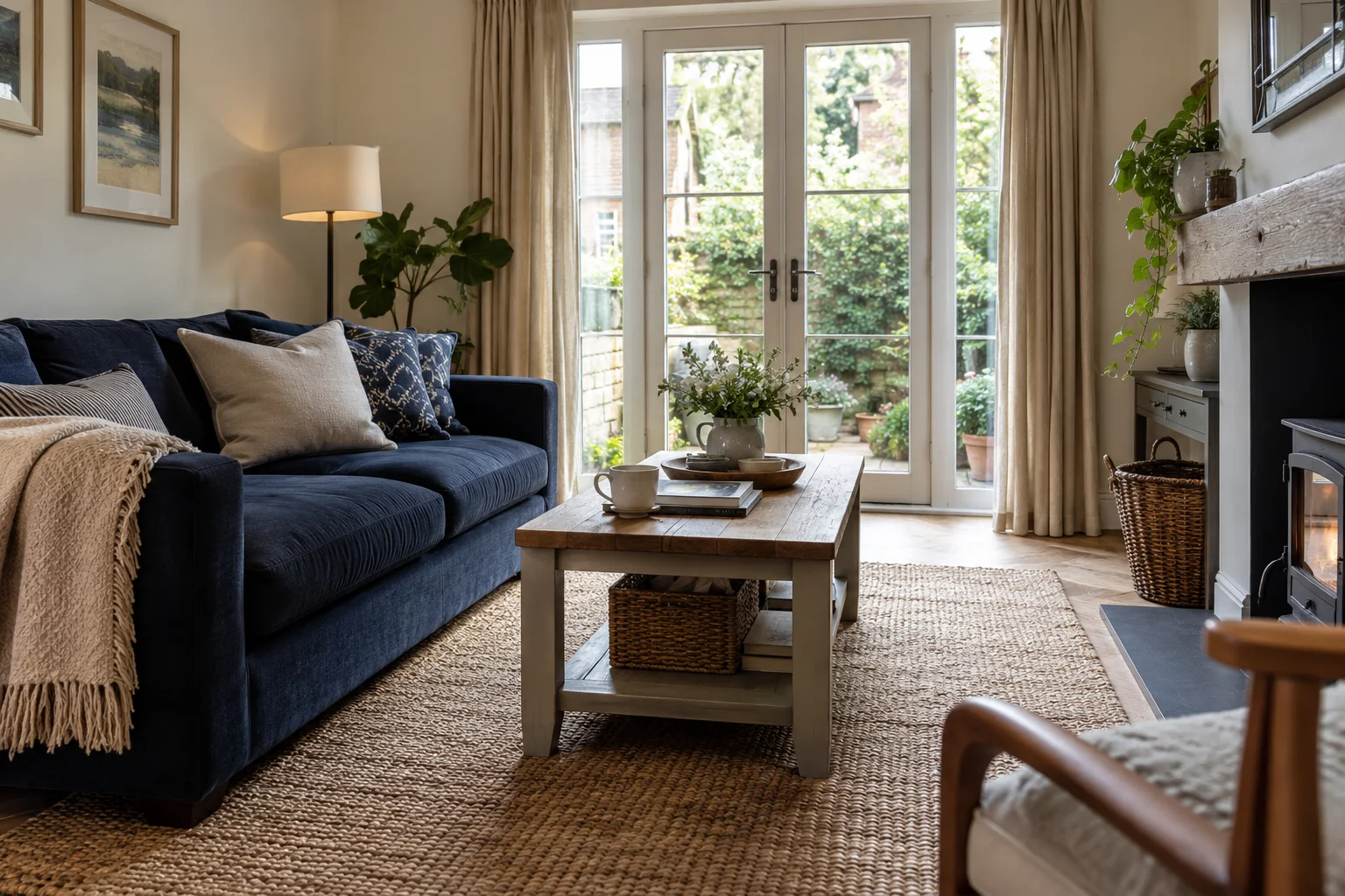 Cosy sitting room with a navy sofa and garden doors