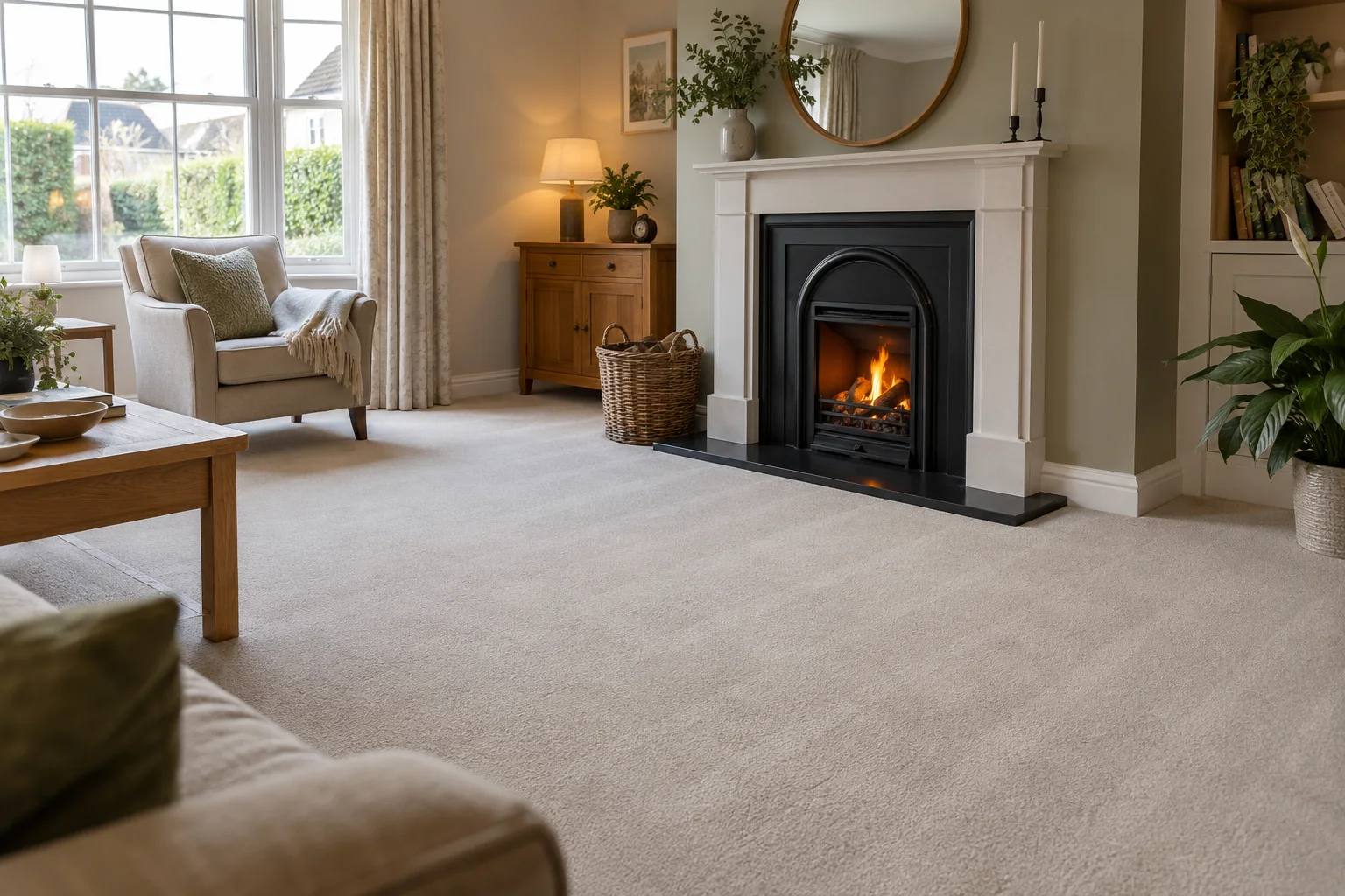 Living room with a fireplace and pale carpet