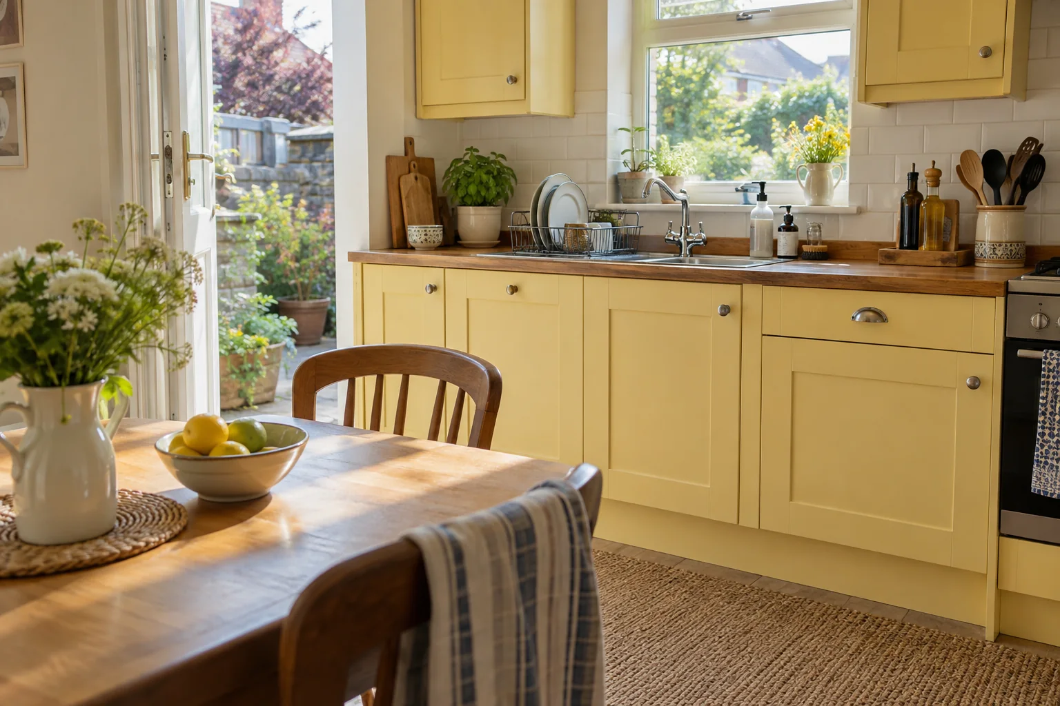 Sunlit kitchen with pale yellow cupboards and tidy worktops