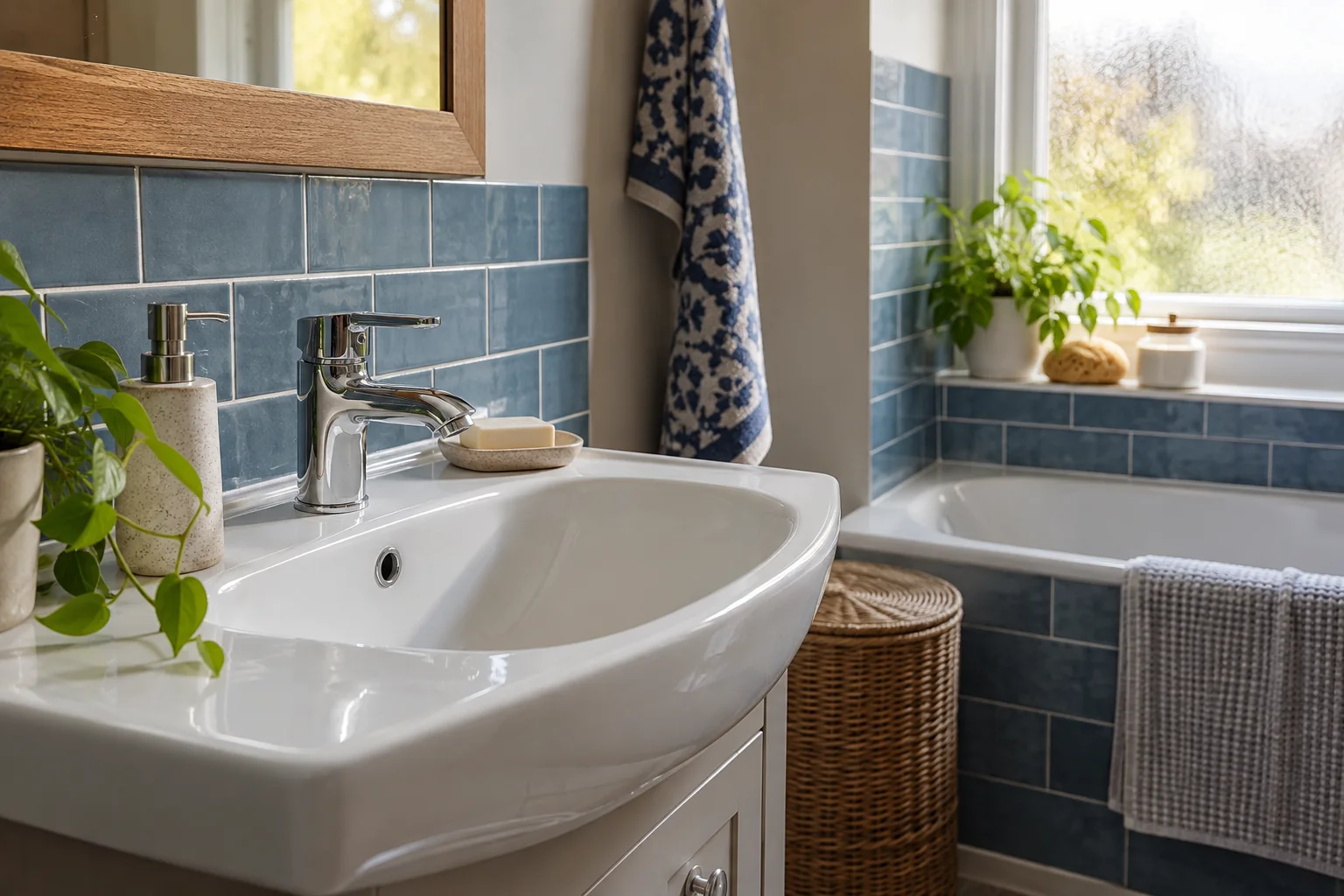 Blue tiled bathroom with a clean white basin