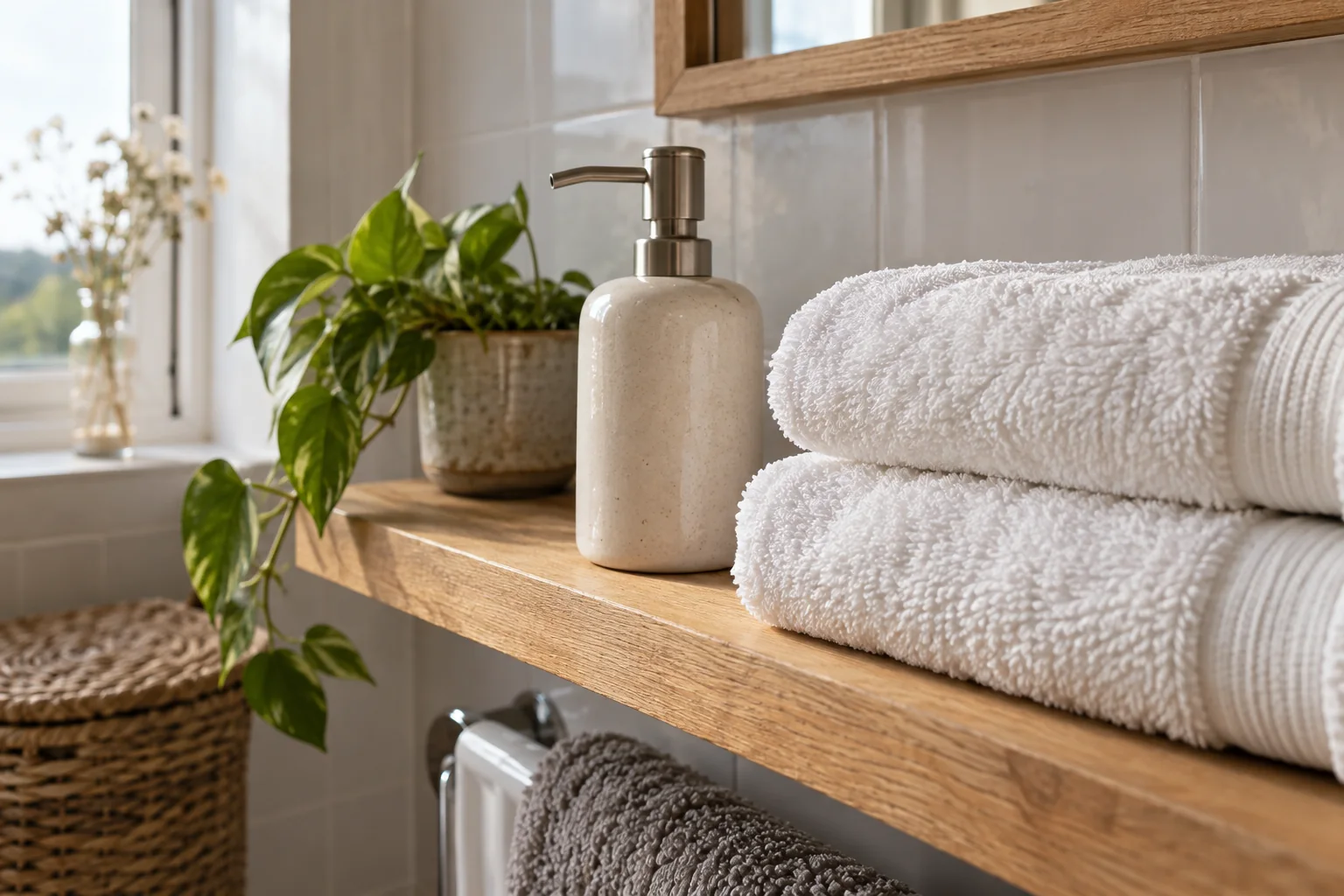 Folded white towels and a ceramic soap dispenser