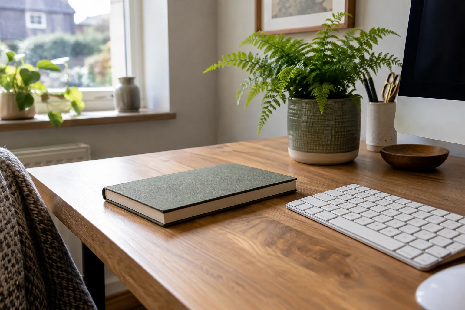 Clean wooden desk with keyboard and notebook