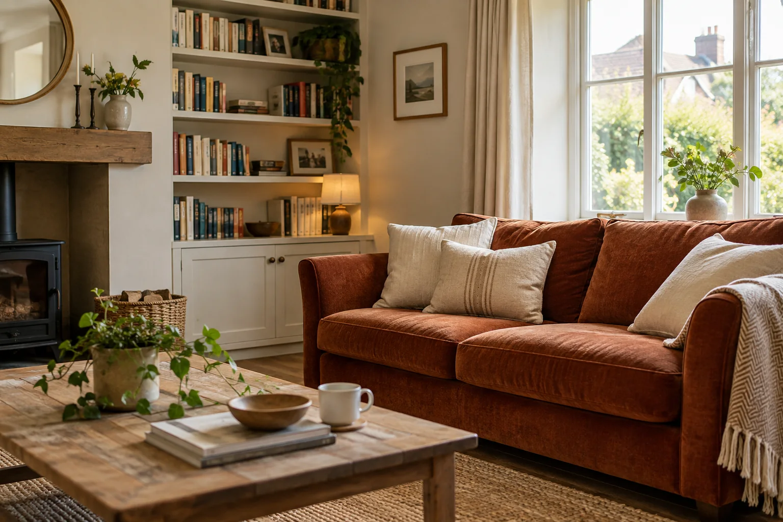 Tidy living room with a rust-coloured sofa