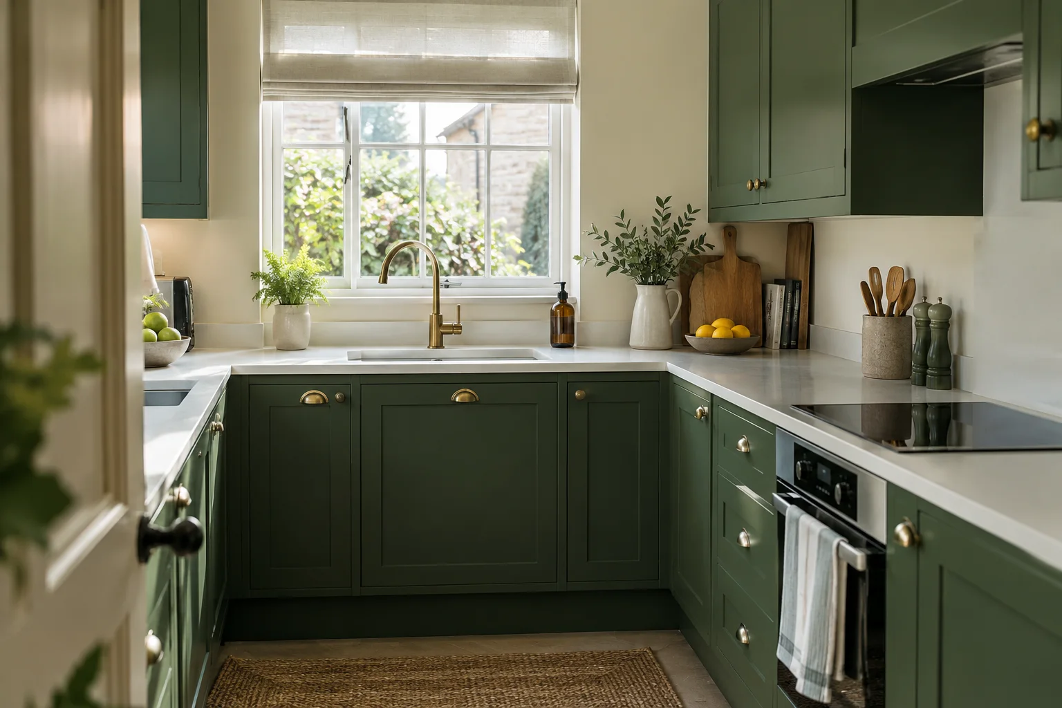Green kitchen cupboards with clean white worktops