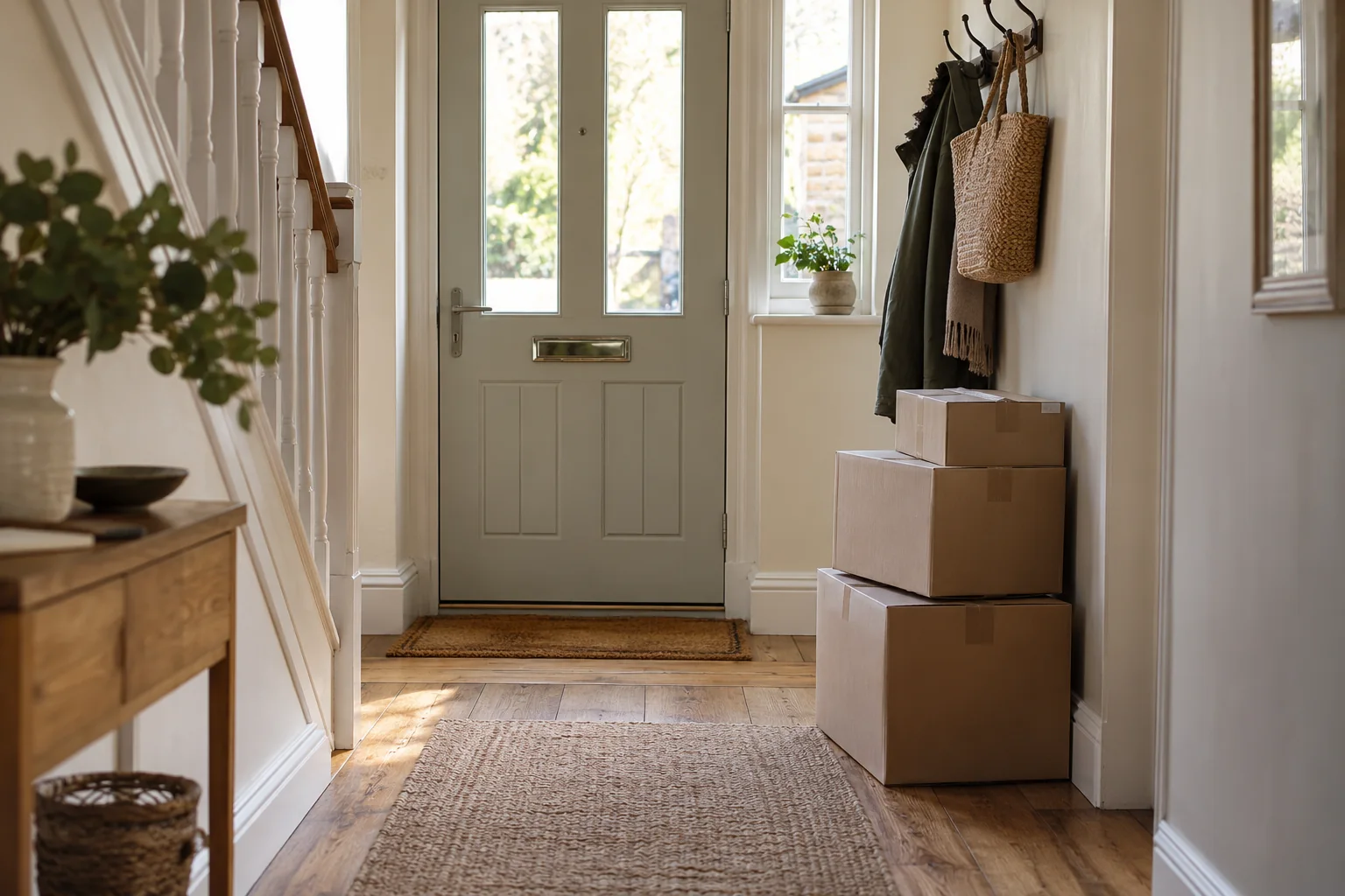 Neatly stacked moving boxes in a hallway