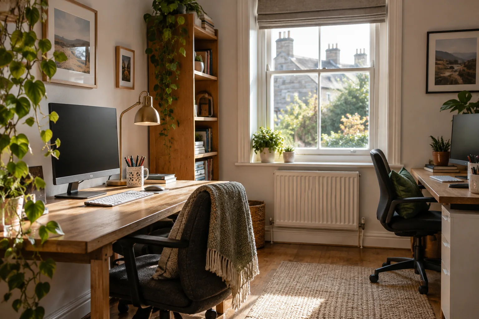 Small tidy office with desks and indoor plants