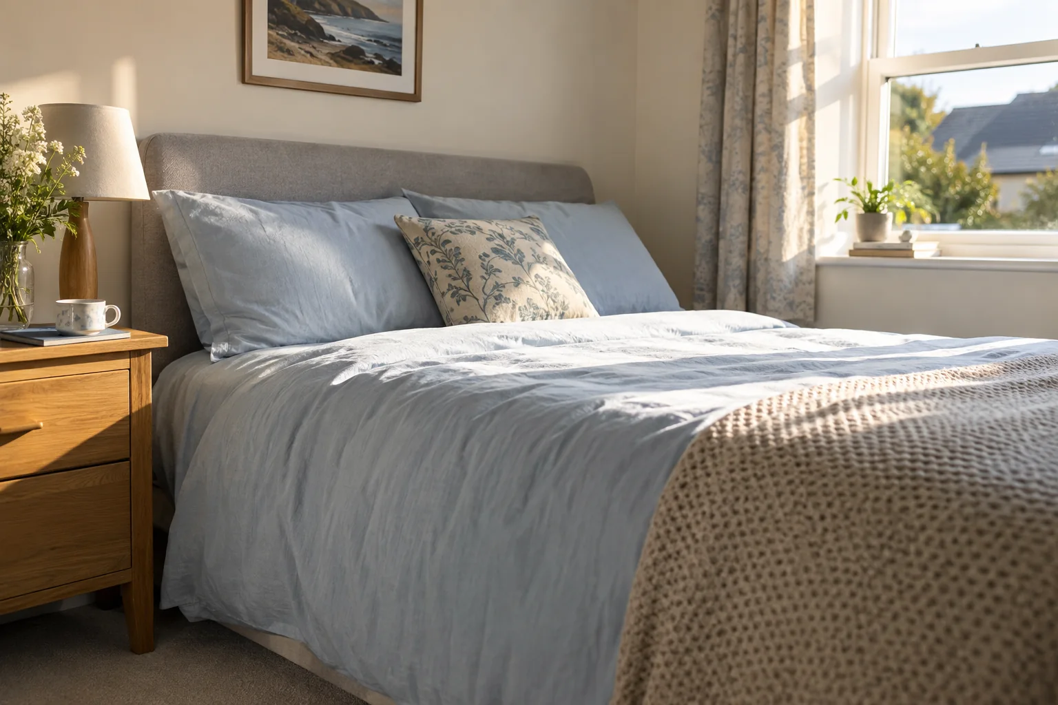 Freshly made bed with soft blue bedding