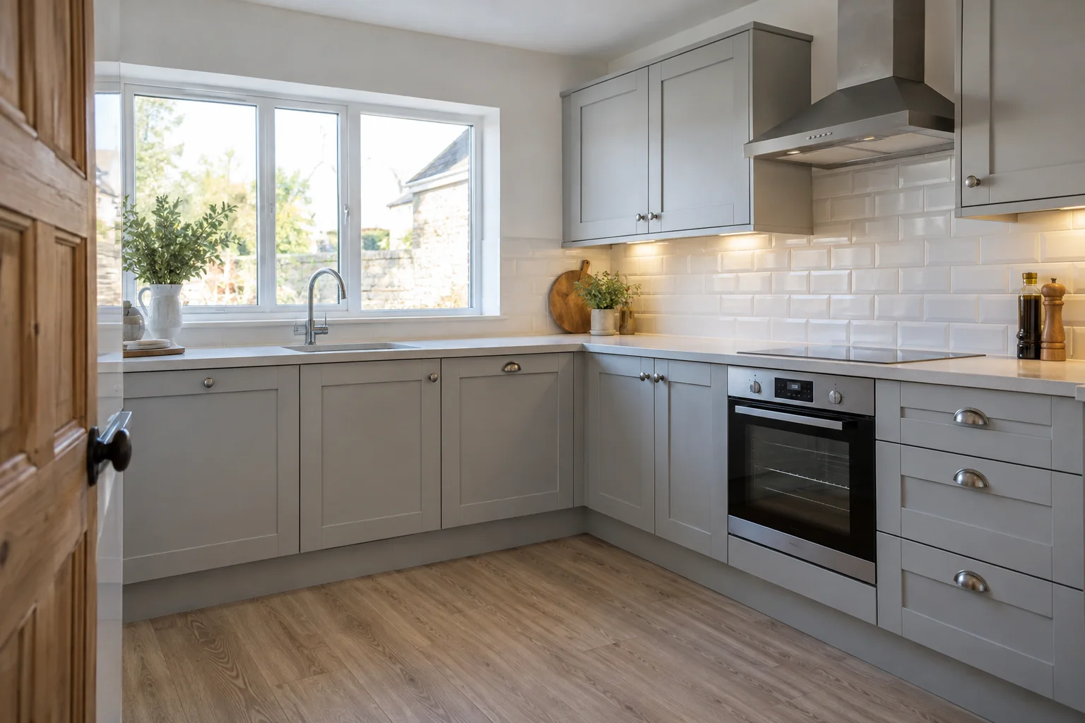 Empty kitchen with grey cabinets and a clean oven front